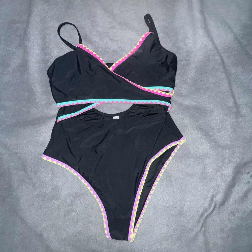 Popvil Wrap Shell Trim Cutout One Piece Swimsuit Black &‎ Neon XXL NWOT